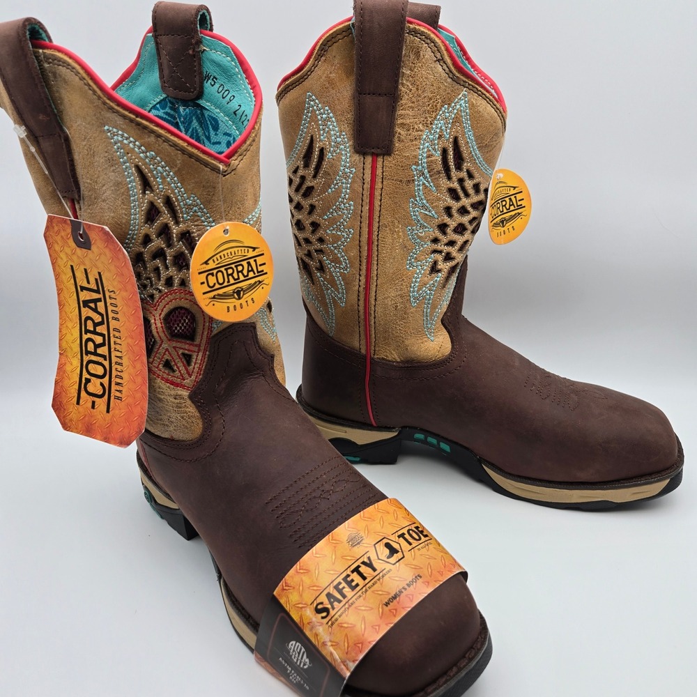 Corral Women's W5009 Heart Wings Safety Toe Western Work Boots Brown NWT Size 9